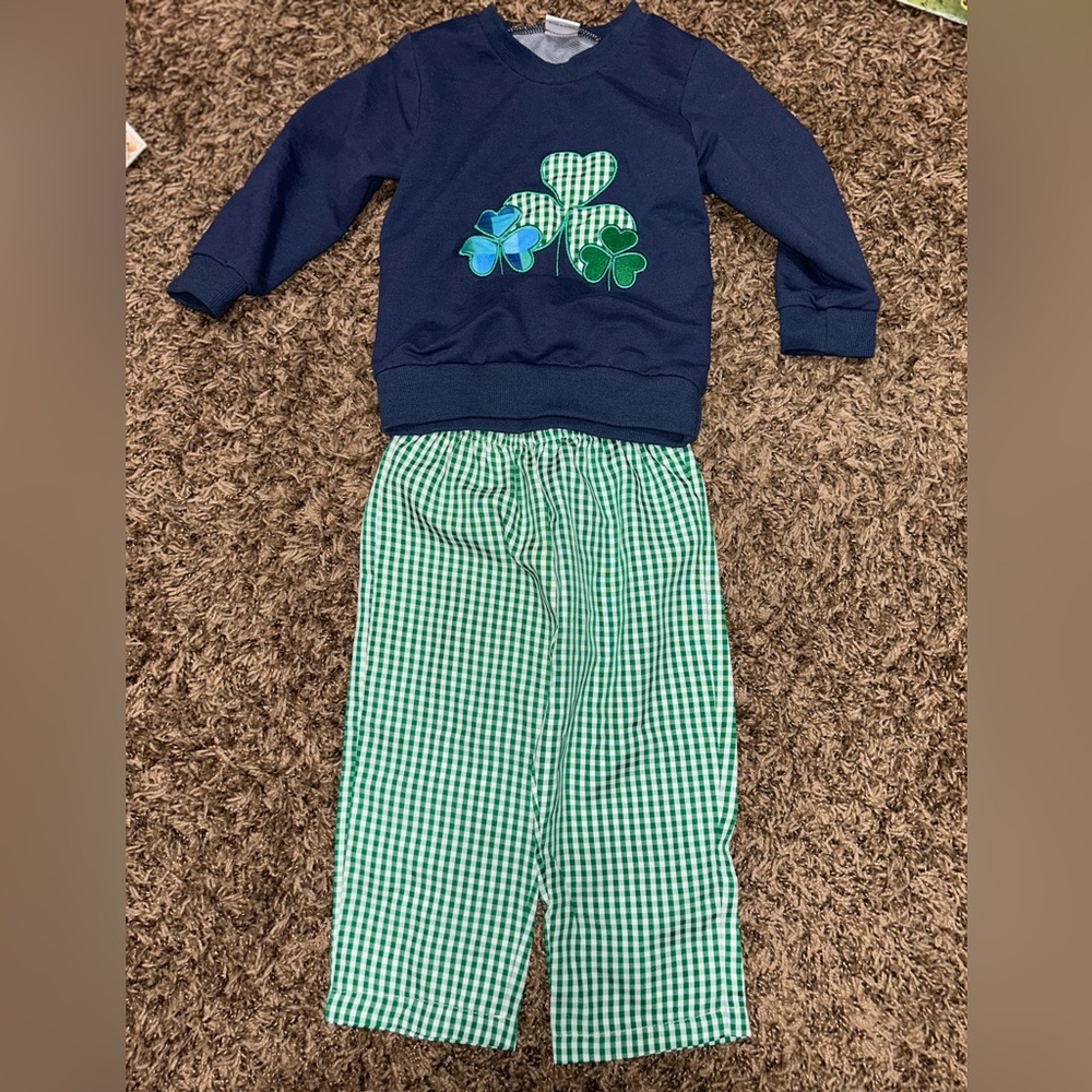 Navy Shamrock Sweatshirt and Green Checkered Pants Set